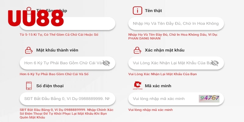 Thông tin đăng ký UU88 cần cung cấp đầy đủ